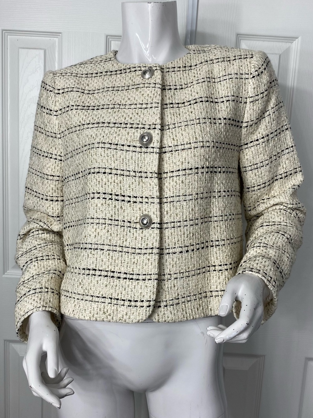Zara Cream Tweed Cropped Blazer with Black Accents